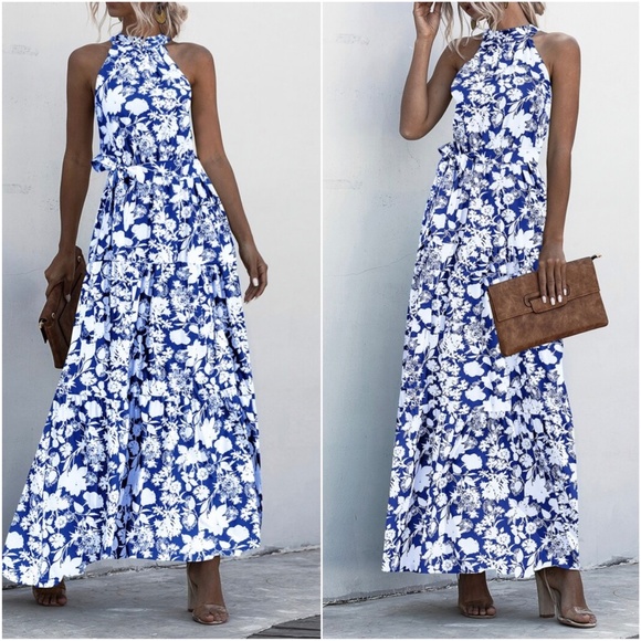 Boho Blue White Floral Print Halter Ruffle Maxi Dress - Picture 8 of 13